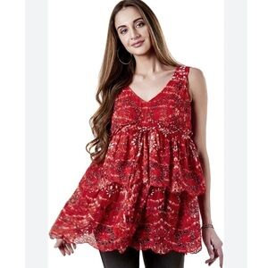 Ritu Kumar Label Red  Tunic Top Boho Tassels Flowy Embroidered India